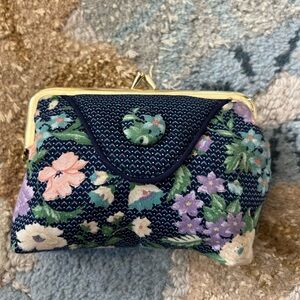 Floral Embroidered Blue Wristlet with Gold Frame